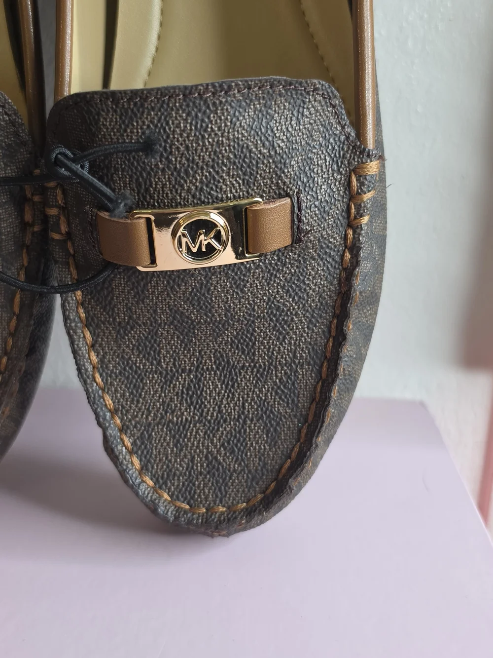 Michael Kors Brown Logo-Print Moccasin Loafers with Gold Accent